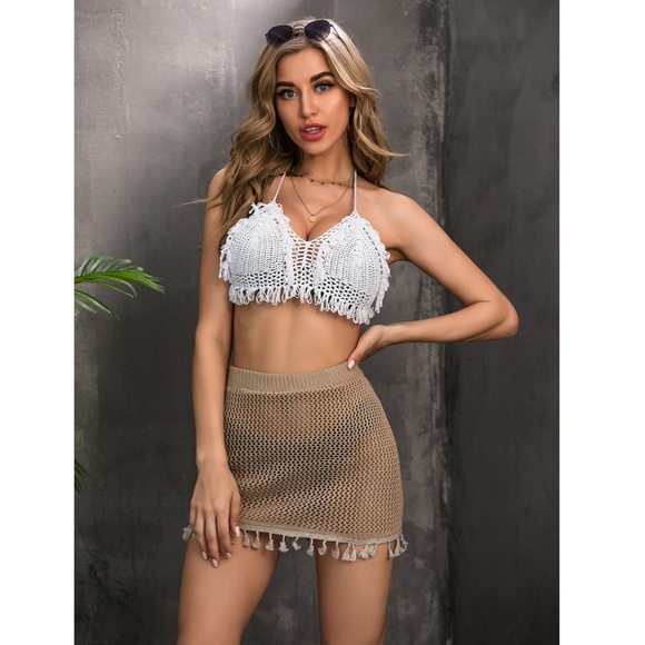 Tassel Detail Tan Knit Cover Up Mini Skirt - Picture 4 of 14